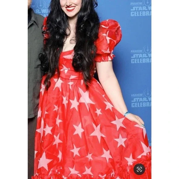 NWT Selkie Red and White Star Ritz Puff Sleeve Organza Maxi Gown Size Small - Picture 6 of 13